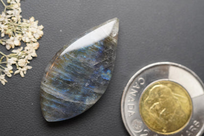 Labradorite Cabochon, 38 x 19 mm, Handmade Marquise-Navette, from Newfoundland and Labrador, Canada