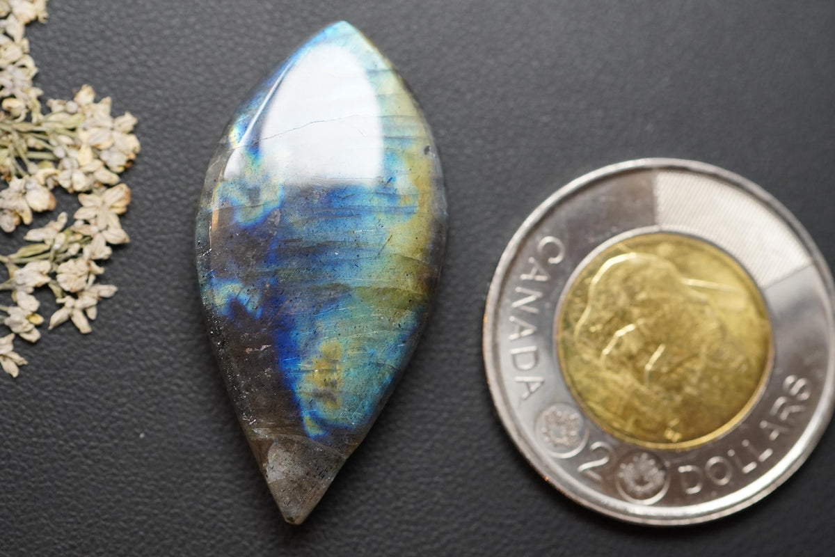 Labradorite Cabochon, 38 x 19 mm, Handmade Marquise-Navette, from Newfoundland and Labrador, Canada